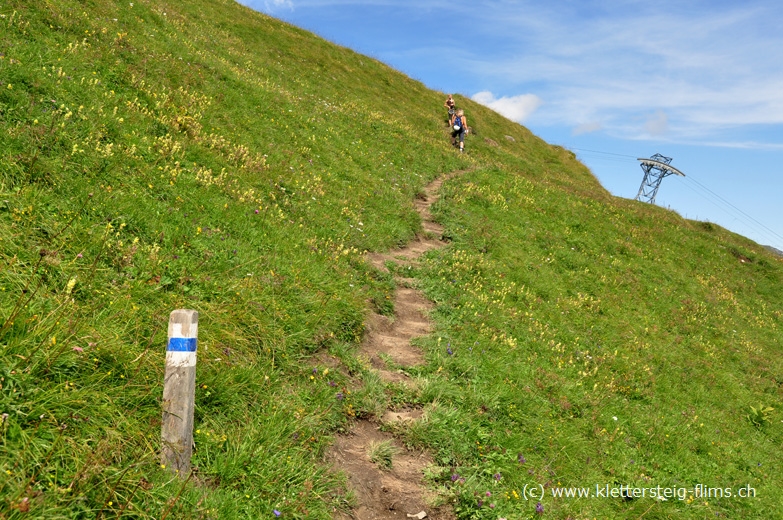 weiss-blau-weiss markierter Wanderweg zur Alp Flimserstein